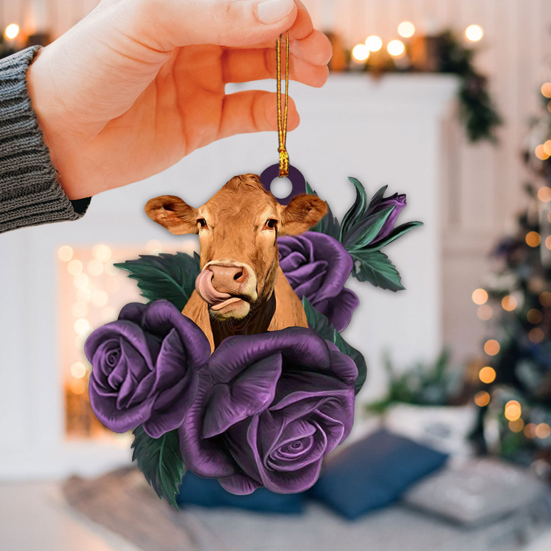 Ohaprints-Christmas-Ornament-2D-Flat-Cow-Purple-Rose-Brown-Swiss-Cattle-Farm-Farmer-Lover-Xmas-Tree-Car-Decor-Gift-55