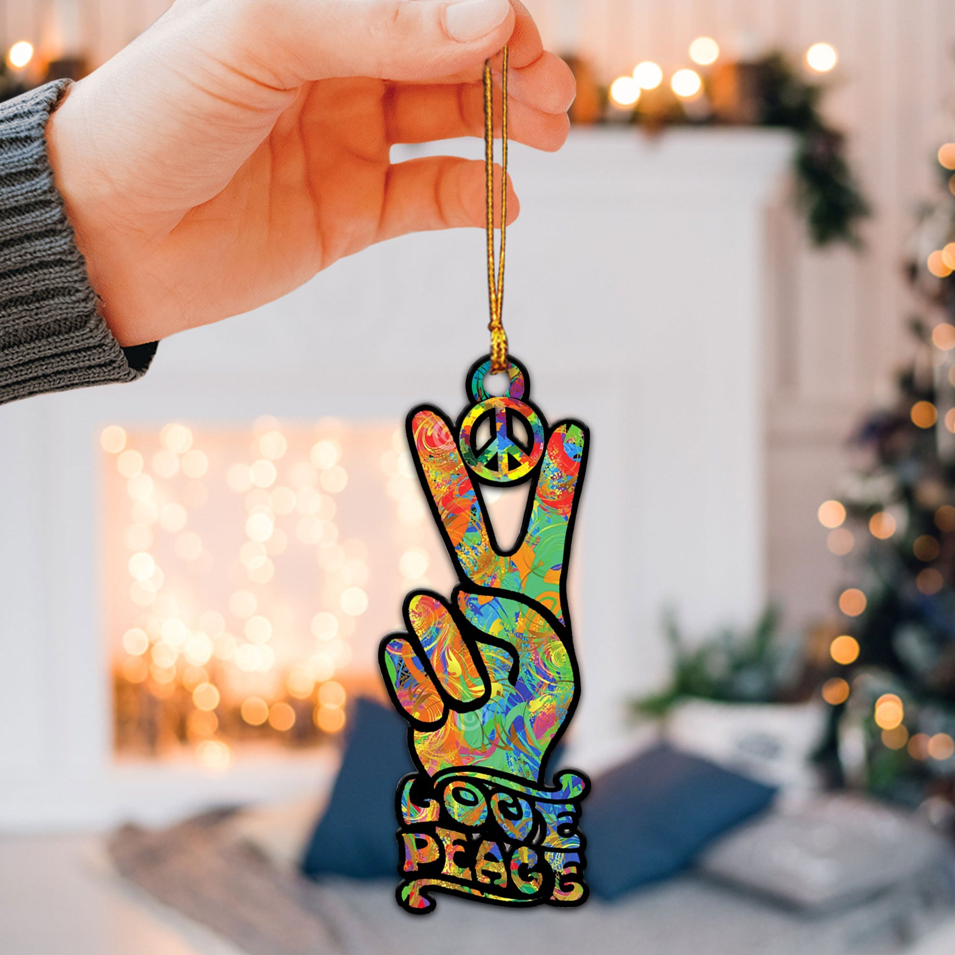 Ohaprints-Christmas-Ornament-2D-Flat-Hippie-Pride-Hand-Love-Peace-Sign-Symbol-Tie-Dye-Xmas-Tree-Car-Decor-Gift-60