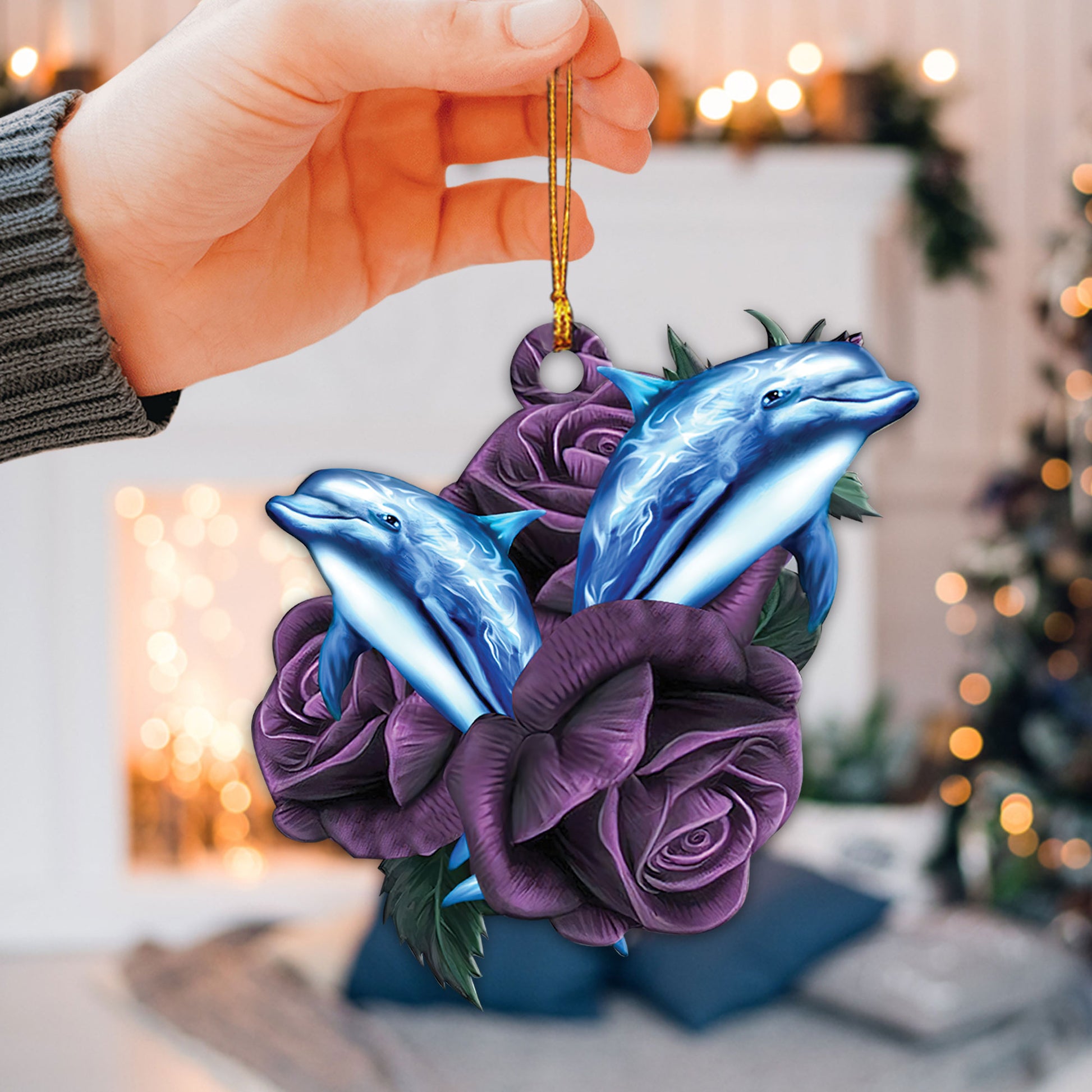 Ohaprints-Christmas-Ornament-2D-Flat-Blue-Dolphin-Purple-Rose-Sea-Animal-Lover-Xmas-Tree-Car-Decor-Gift-61