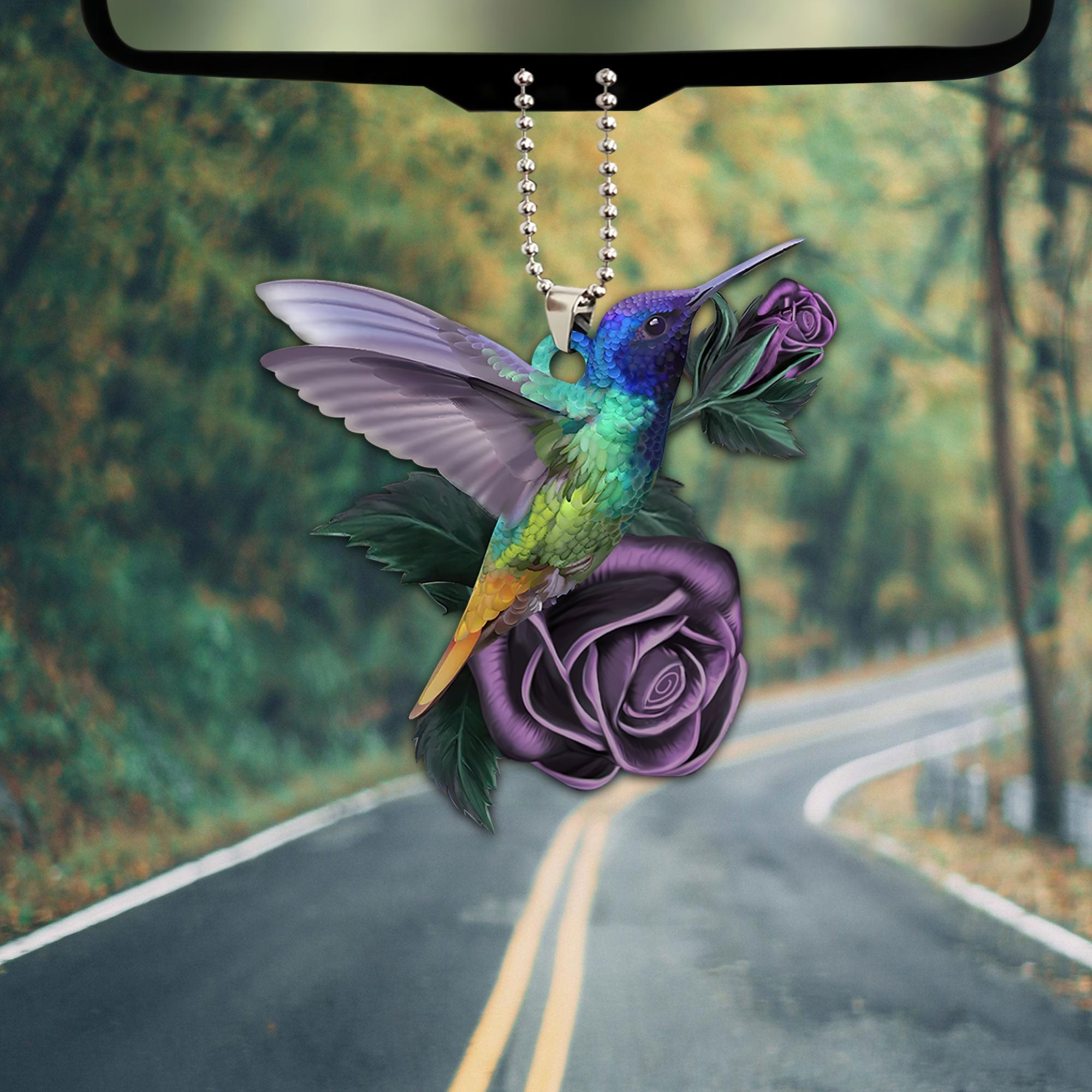 Hummingbird Purple Rose Birds Car Ornament, 2D Flat Car Rear View Mirr -  OhaPrints