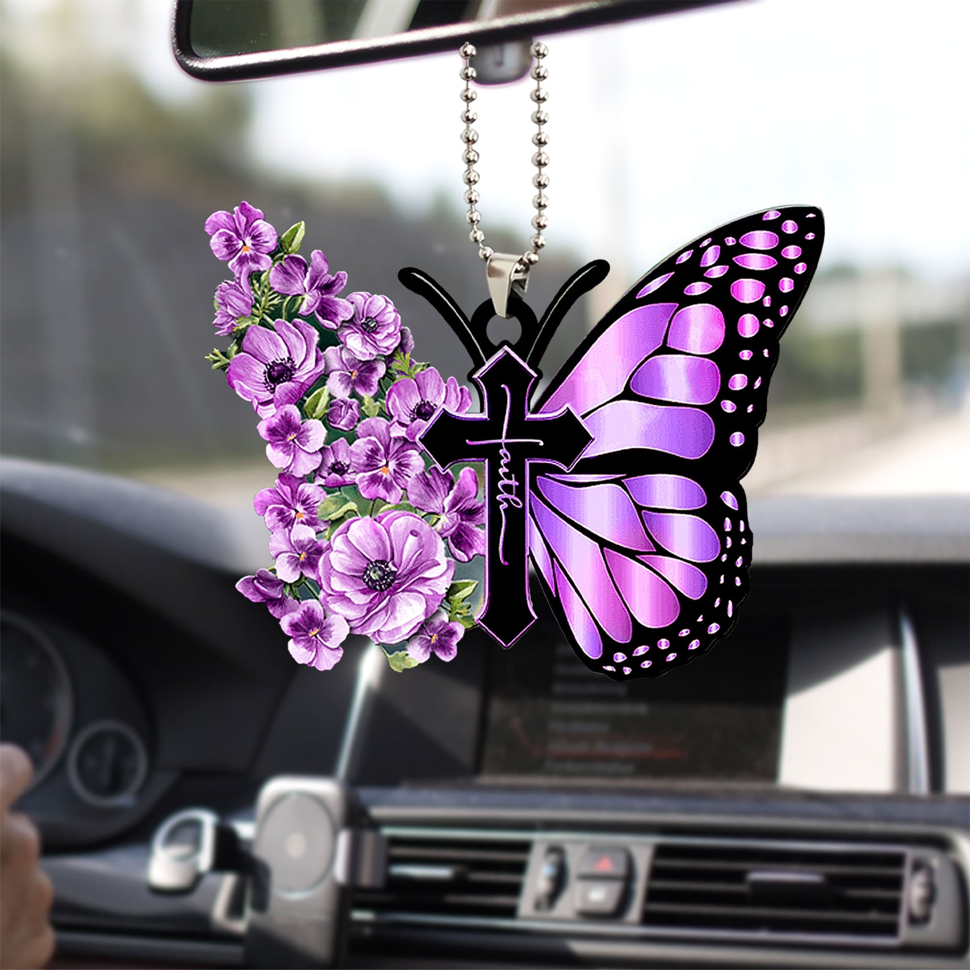 Faith Purple Pansy Butterfly Jesus Cross Christian Car Ornament