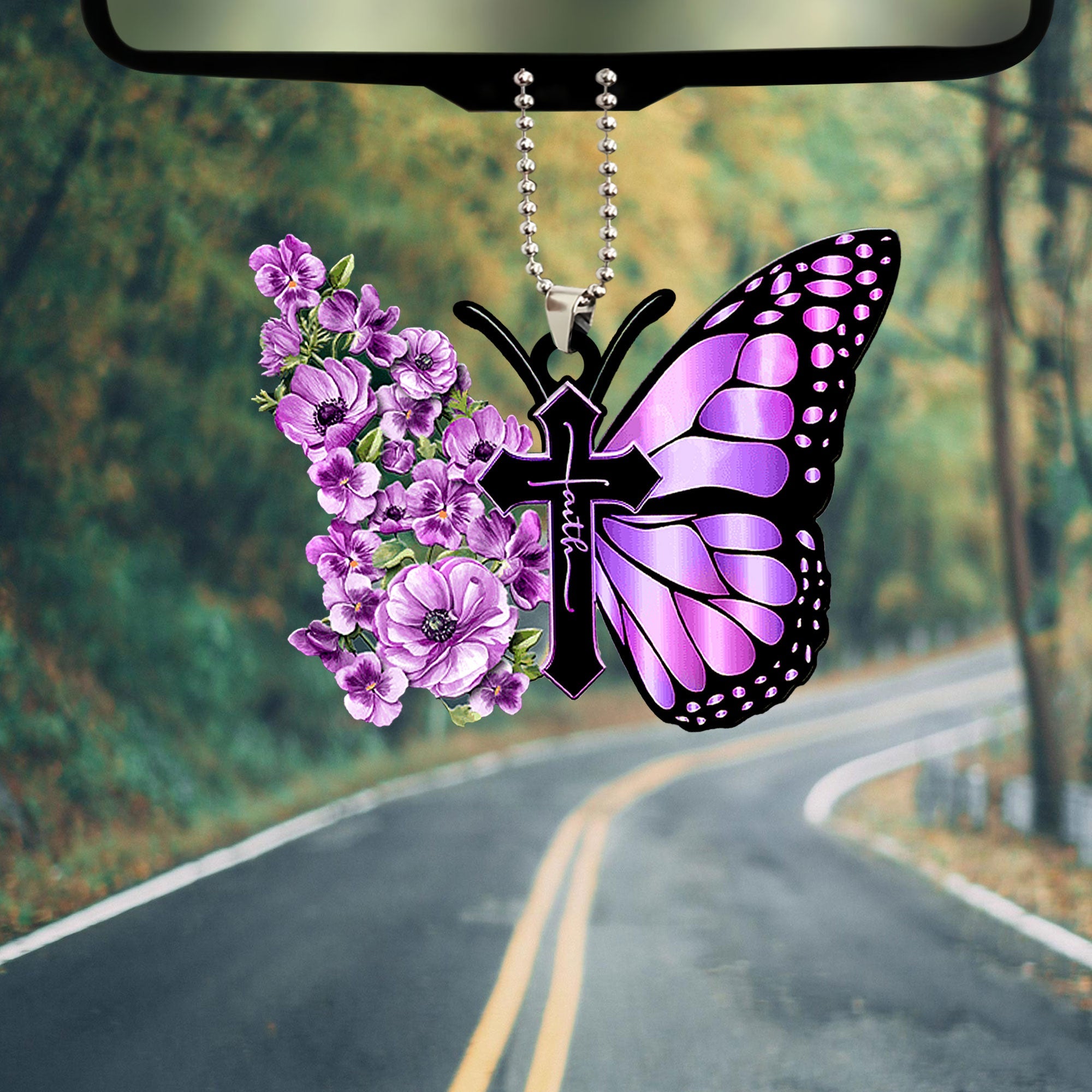 Faith Purple Pansy Butterfly Jesus Cross Christian Car Ornament