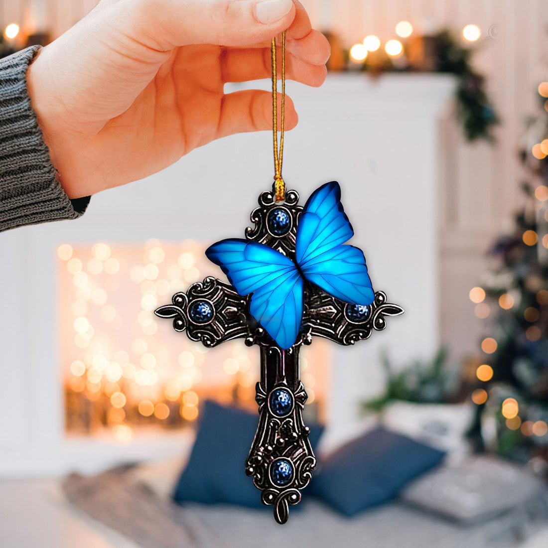 Ohaprints-Christmas-Ornament-2D-Flat-Blue-Butterfly-Pray-For-God-Jesus-Cros-Religious-Christian-Xmas-Tree-Car-Decor-Gift-102