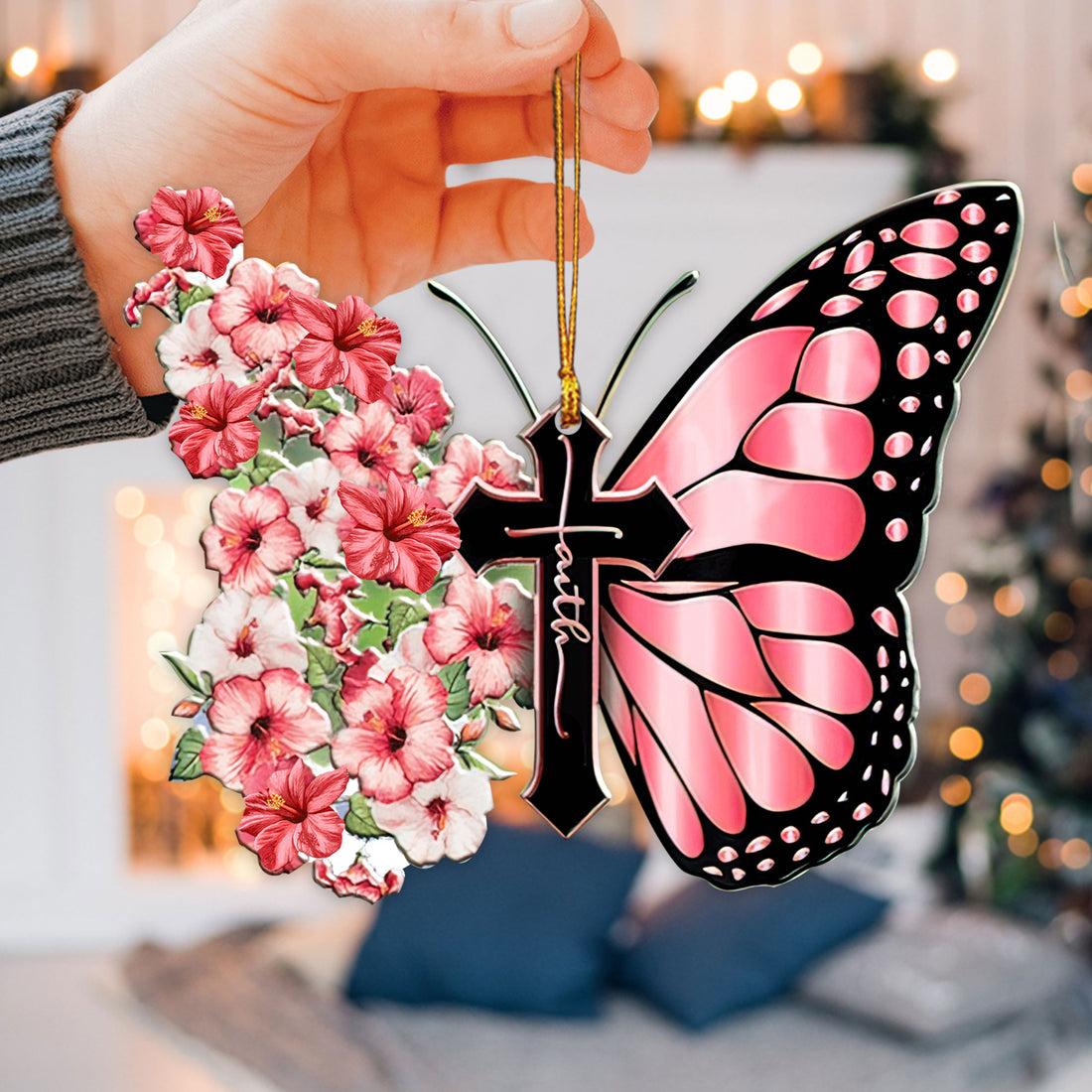 Ohaprints-Christmas-Ornament-2D-Flat-Faith-Pink-Hibiscus-Butterfly-God-Jesus-Cross-Christian-Lover-Religious-Xmas-Tree-Car-Decor-Gift-111