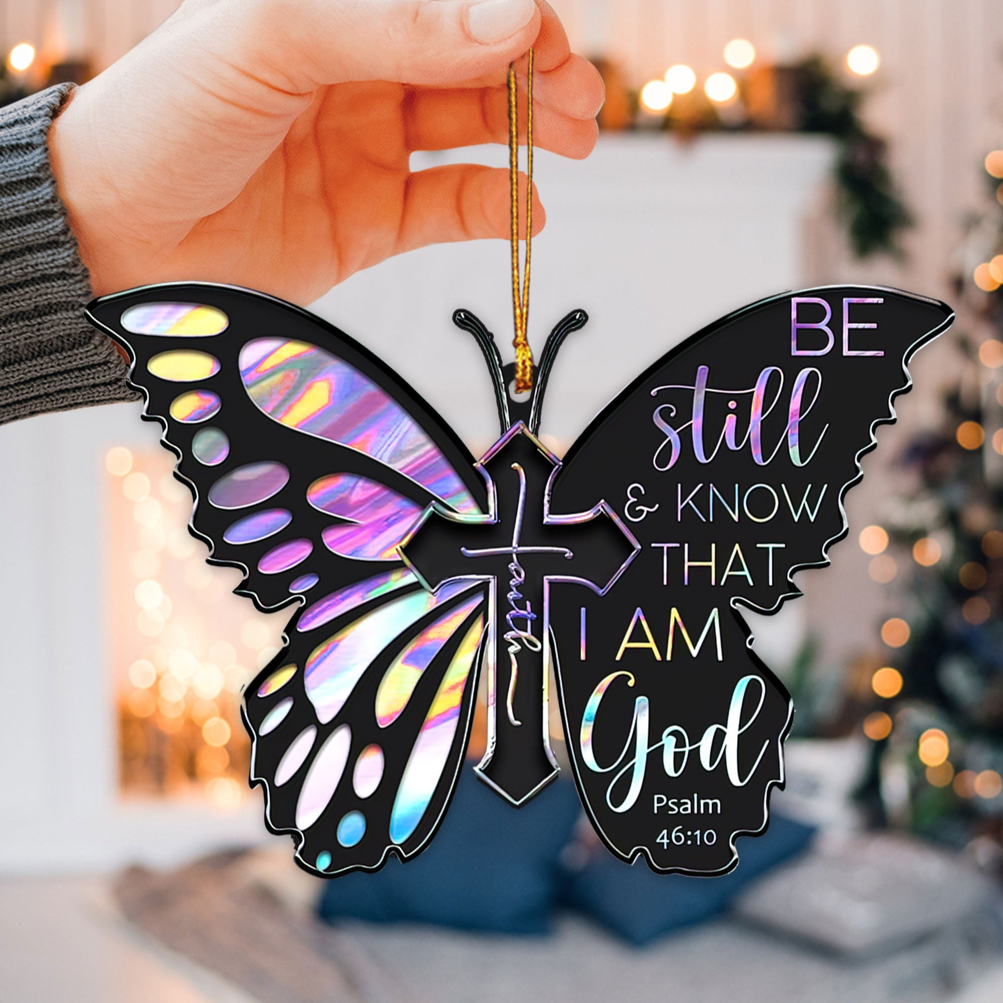 Faith Purple Pansy Butterfly Jesus Cross Christian Car Ornament