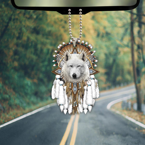 Talataca Native American 2D Flat Car Ornament & Wood Beads, White Wolf  Dreamcatcher Beaded Rear View Mirror Accessories, Rearview Hanging Charm