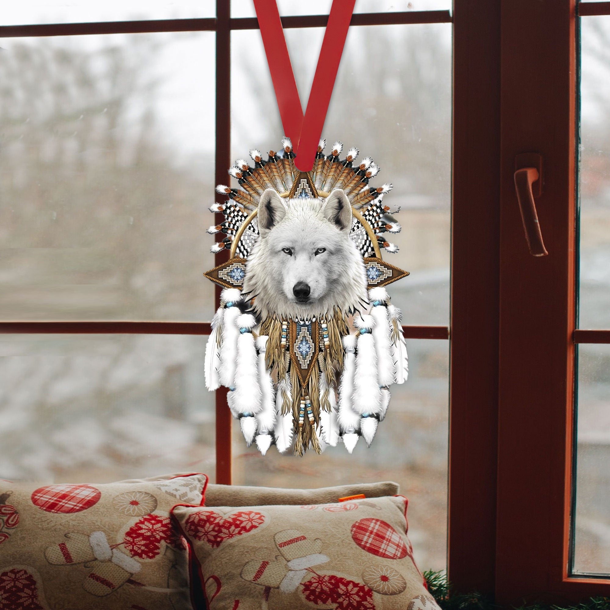 Talataca Native American 2D Flat Car Ornament & Wood Beads, White Wolf  Dreamcatcher Beaded Rear View Mirror Accessories, Rearview Hanging Charm