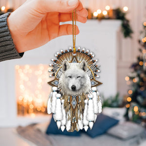 Talataca Native American 2D Flat Car Ornament & Wood Beads, White Wolf  Dreamcatcher Beaded Rear View Mirror Accessories, Rearview Hanging Charm