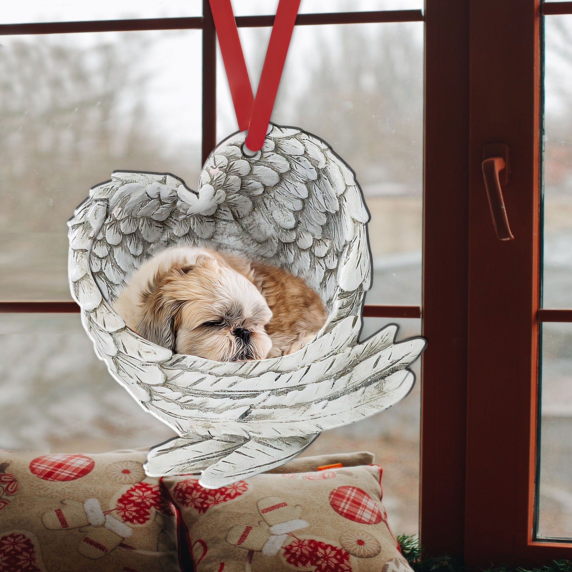 Shih Tzu 2d Flat Car Ornament & Wood Beads, Shih Tzu Sleeping In Angel Wing Beaded  Rear View Mirror Accessories, Rearview Hanging Charm, Christmas Tre