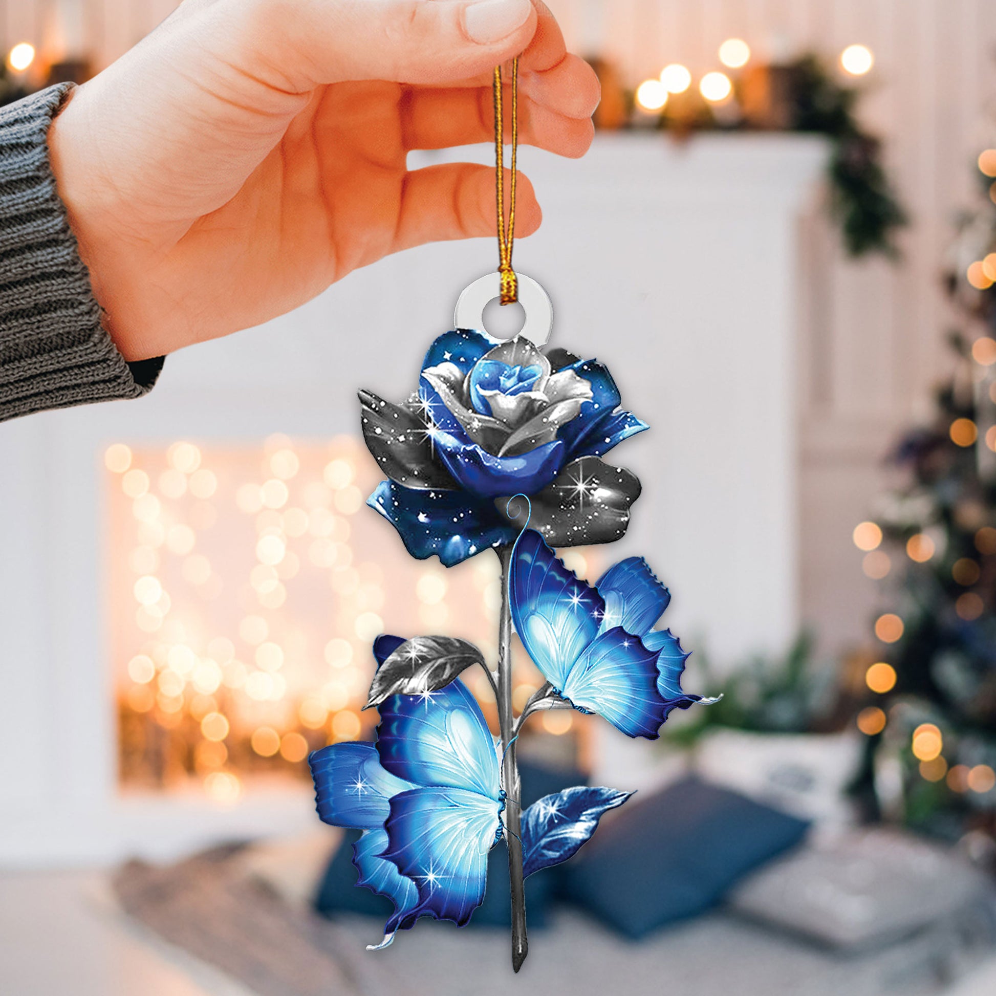 Ohaprints-Christmas-Ornament-2D-Flat-Blue-Monarch-Butterfly-Around-Thin-Blue-Line-Police-Rose-Animal-Insect-Xmas-Tree-Car-Decor-Gift-138