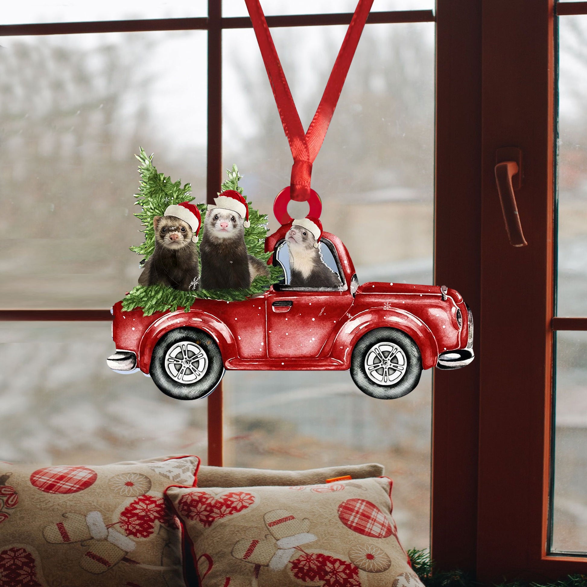 Ohaprints-Christmas-Ornament-2D-Flat-Ferret-With-Christmas-Red-Truck-Pine-Tree-Gift-For-Dog-Lovers-Xmas-Tree-Decor-Gift-145