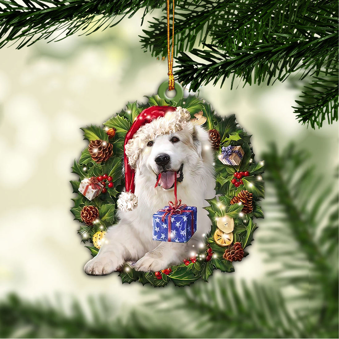 Ohaprints-Christmas-Ornament-2D-Flat-Great-Pyrenees-Wearing-Christmas-Hat-Wreath-Patou-Pyrenean-Mountain-Dog-Lover-Xmas-Tree-Decor-Gift-189