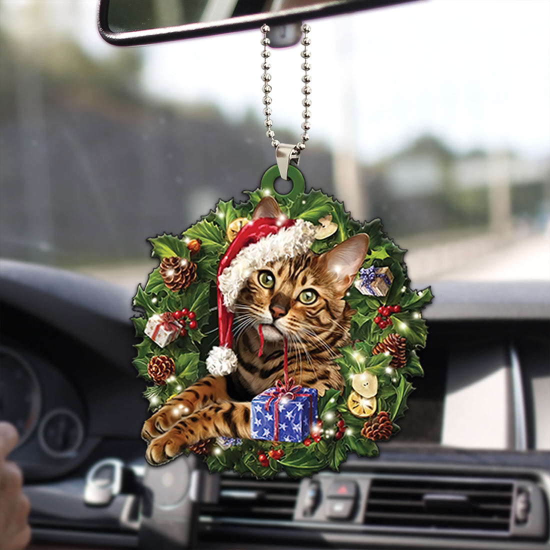 Ohaprints-Christmas-Ornament-2D-Flat-Bengal-Cat-Wearing-Christmas-Hat-With-Wreath-Xmas-Tree-Decor-Gift-200