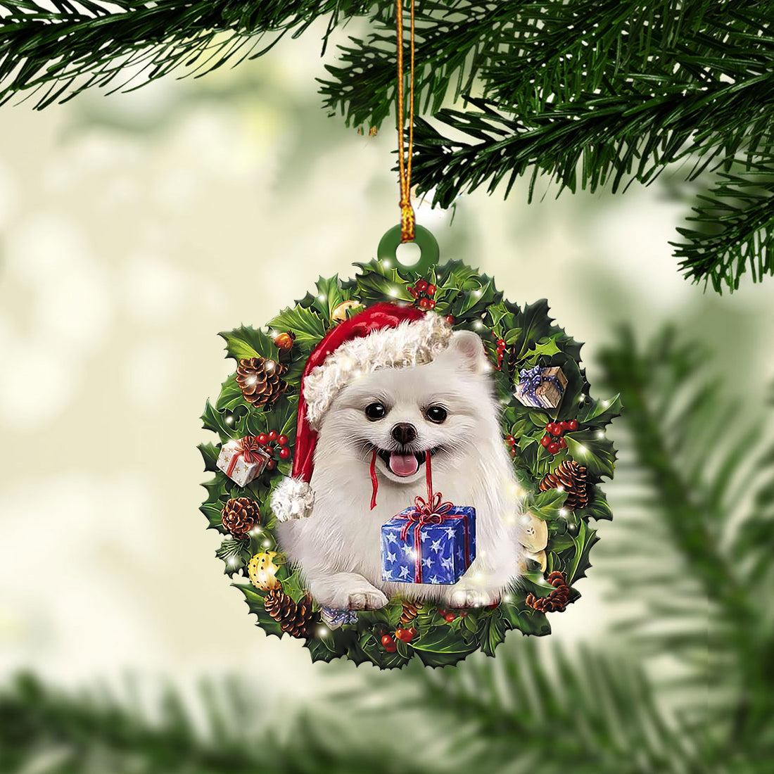 Ohaprints-Christmas-Ornament-2D-Flat-White-Pomeranian-Wearing-A-Christmas-Hat-Wreath-Dog-Lover-Xmas-Tree-Decor-Gift-258