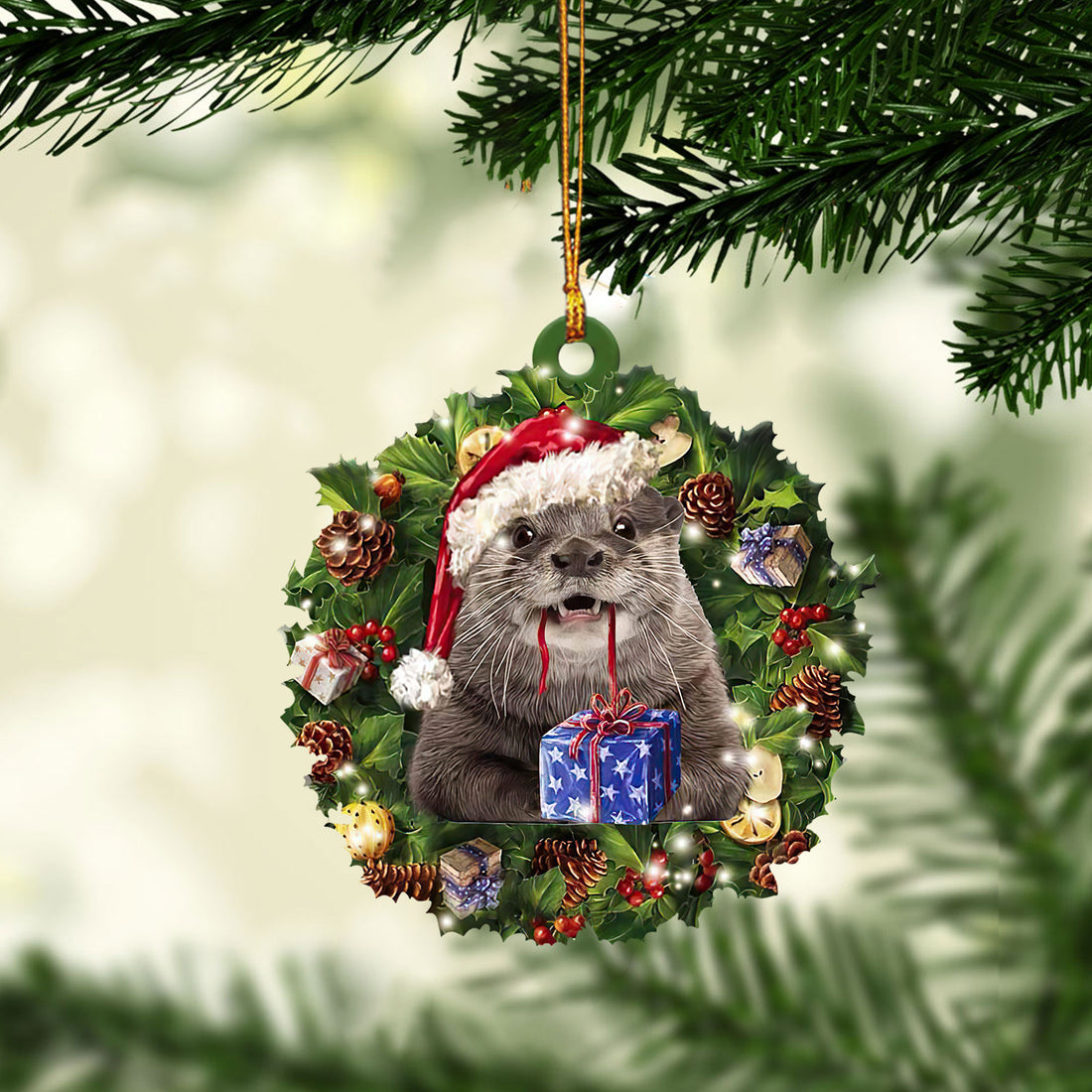 Ohaprints-Christmas-Ornament-2D-Flat-Otters-Wearing-A-Christmas-Hat-Wreath-Animal-Lover-Xmas-Tree-Decor-Gift-260