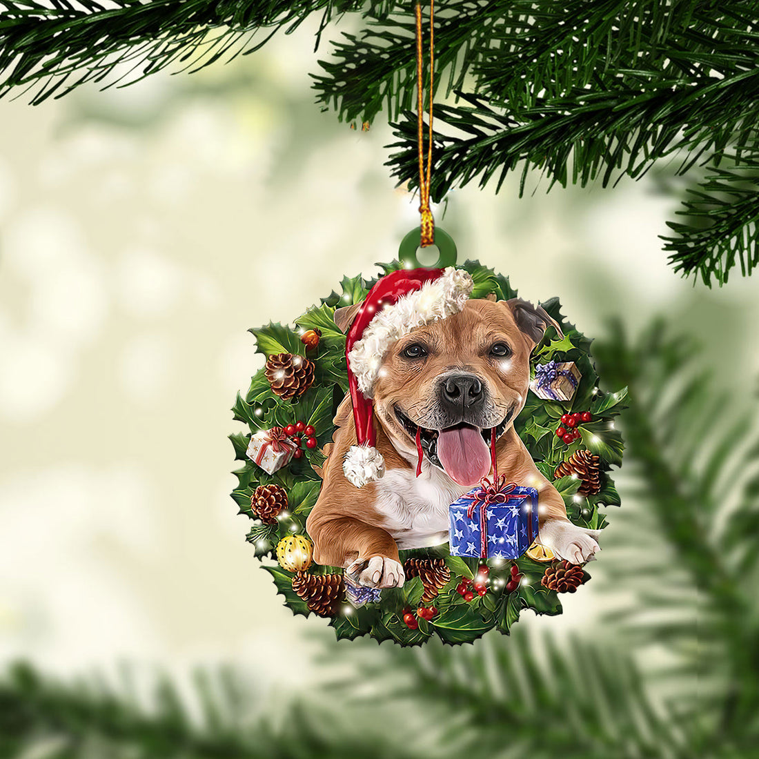 Ohaprints-Christmas-Ornament-2D-Flat-Staffordshire-Bull-Terrier-Wearing-A-Christmas-Hat-Wreath-Dog-Lover-Xmas-Tree-Decor-Gift-264