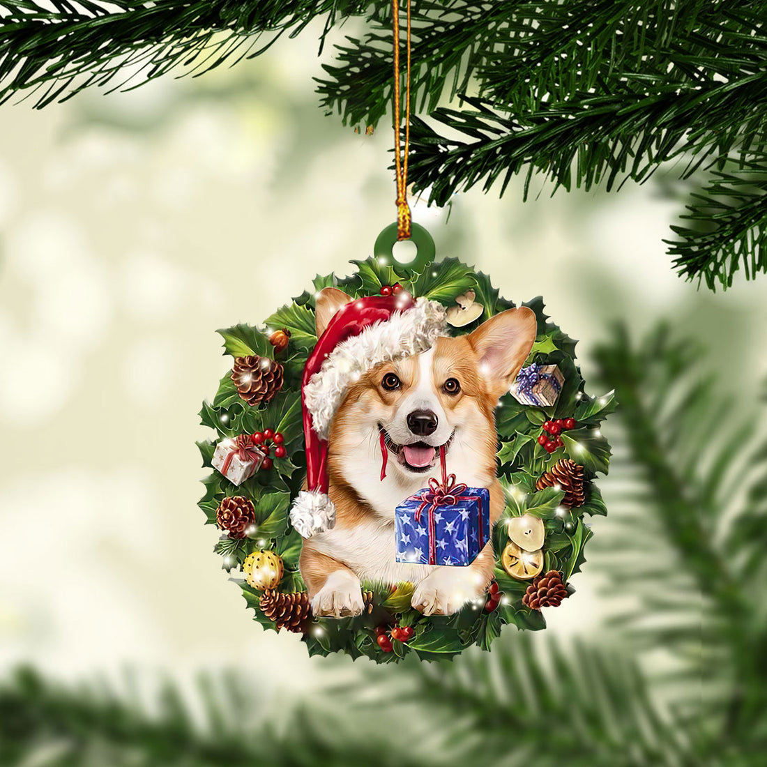 Ohaprints-Christmas-Ornament-2D-Flat-Corgi-Wearing-A-Christmas-Hat-Wreath-Dog-Lover-Xmas-Tree-Decor-Gift-267