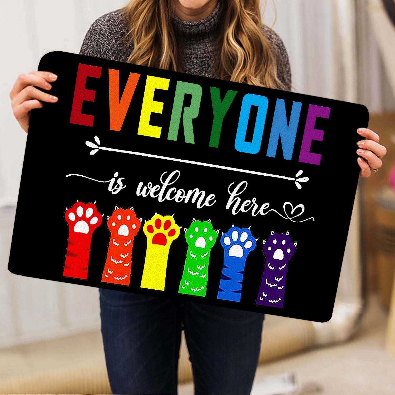 Ohaprints-Doormat-Outdoor-Indoor-Lgbt-Lgbtq-Everyone-Is-Welcome-Here-Pride-Love-Is-Love-Cat-Paw-Rubber-Door-Mat-1218-