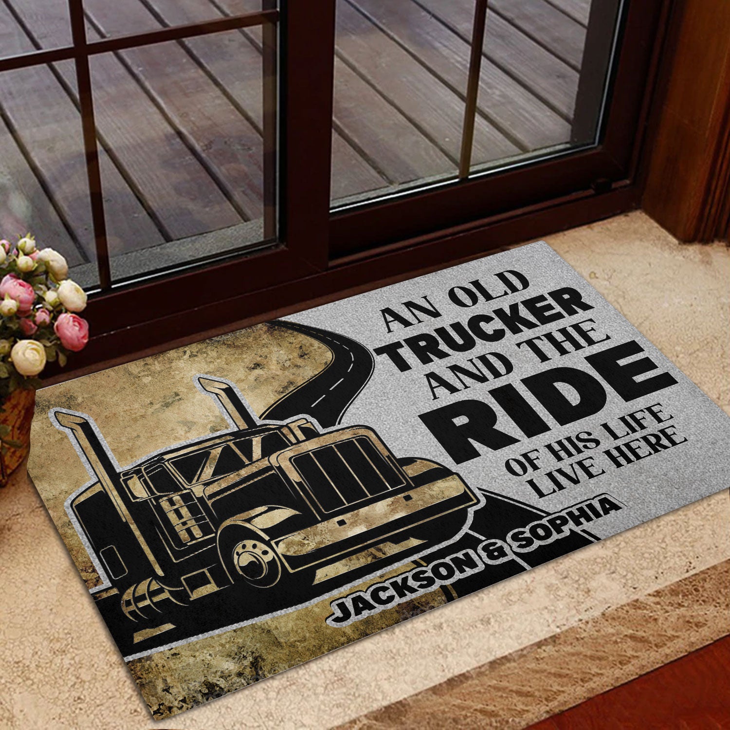 Ohaprints-Doormat-Outdoor-Indoor-An-Old-Trucker-And-The-Ride-Of-His-Life-Custom-Personalized-Name-Rubber-Door-Mat-453-