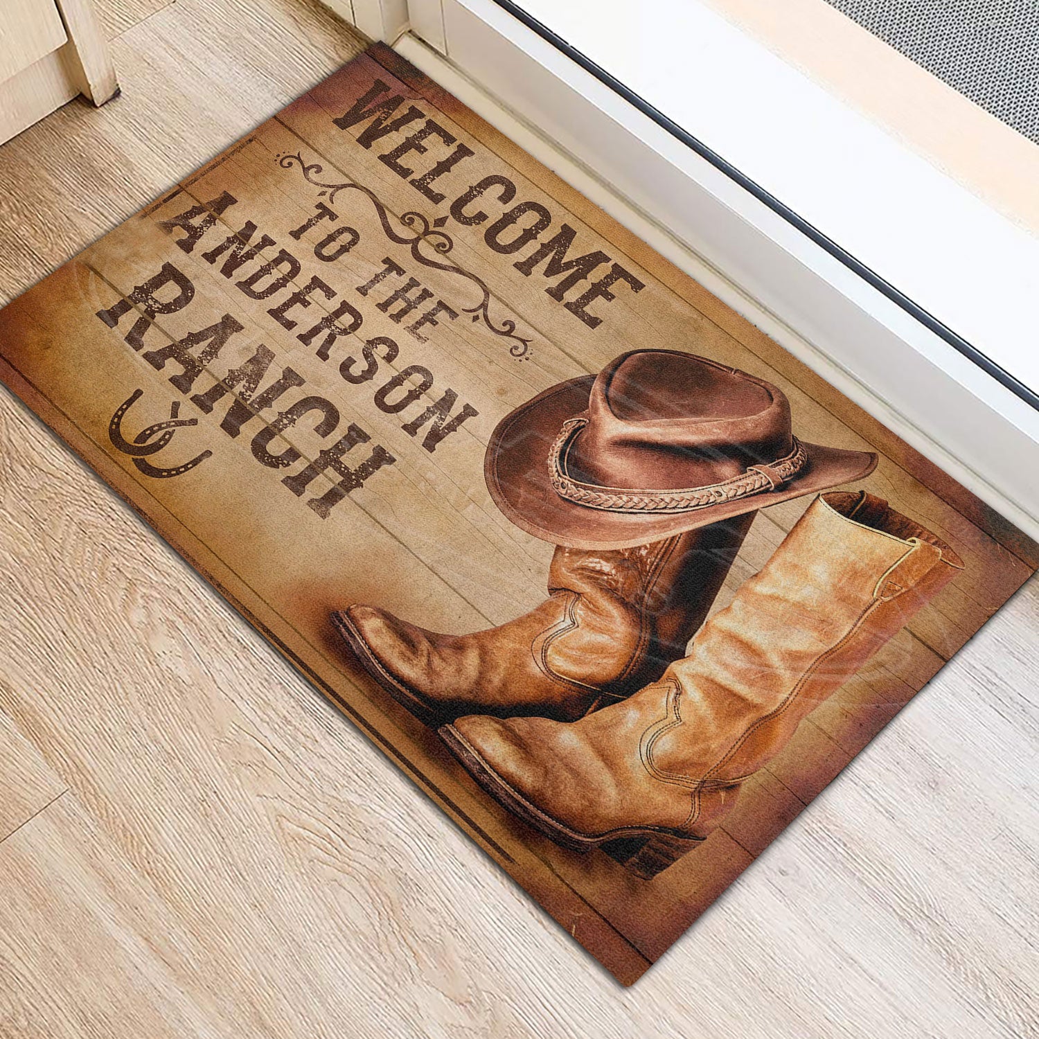 Ohaprints-Doormat-Outdoor-Indoor-Welcome-To-The-Ranch-Cowboy-Hat--Boots-Custom-Personalized-Name-Rubber-Door-Mat-308-