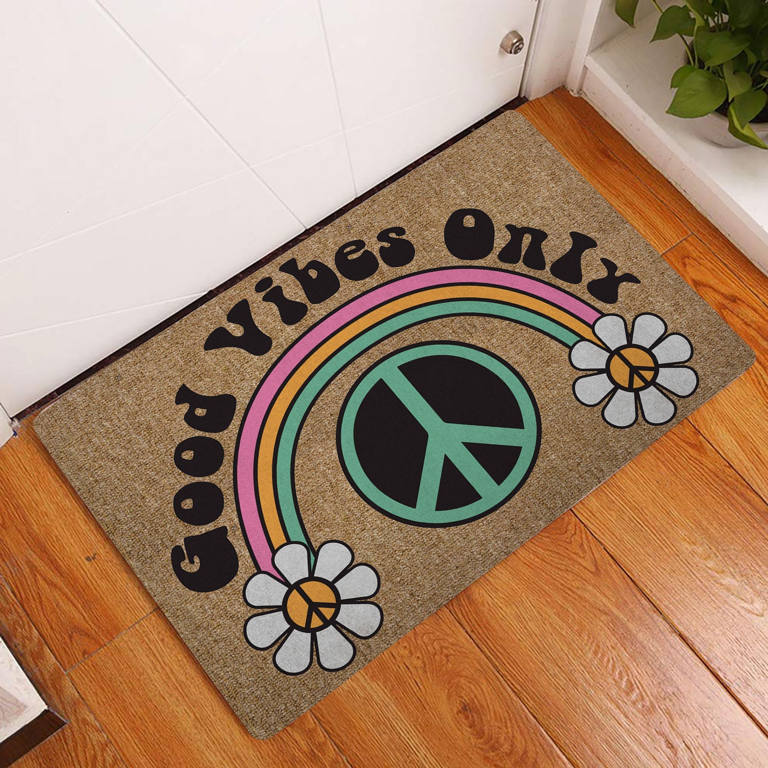 Ohaprints-Doormat-Outdoor-Indoor-Hippie-Peace-Sign-Good-Vibes-Only-Daisy-Flower-Brown-Rubber-Door-Mat-152-