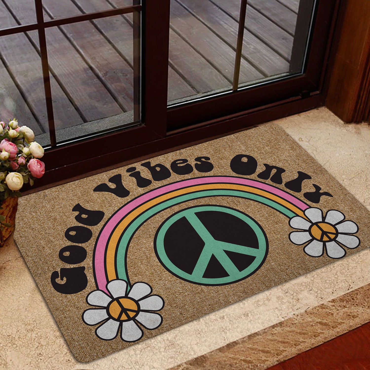 Ohaprints-Doormat-Outdoor-Indoor-Hippie-Peace-Sign-Good-Vibes-Only-Daisy-Flower-Brown-Rubber-Door-Mat-152-