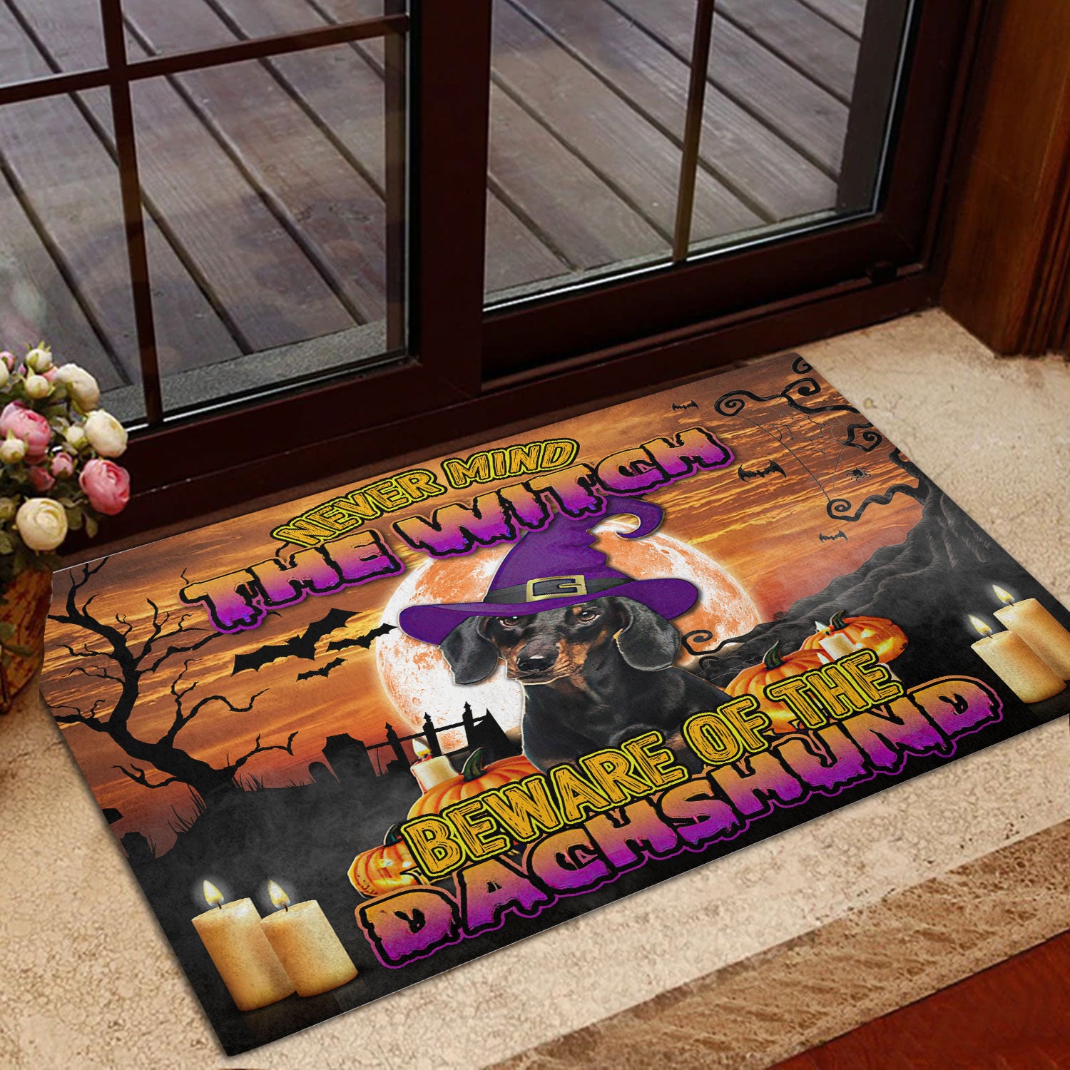 Ohaprints-Doormat-Outdoor-Indoor-Never-Mind-The-Witch-Beware-The-Dachshund-Weiner-Doxie-Dog-Rubber-Door-Mat-389-