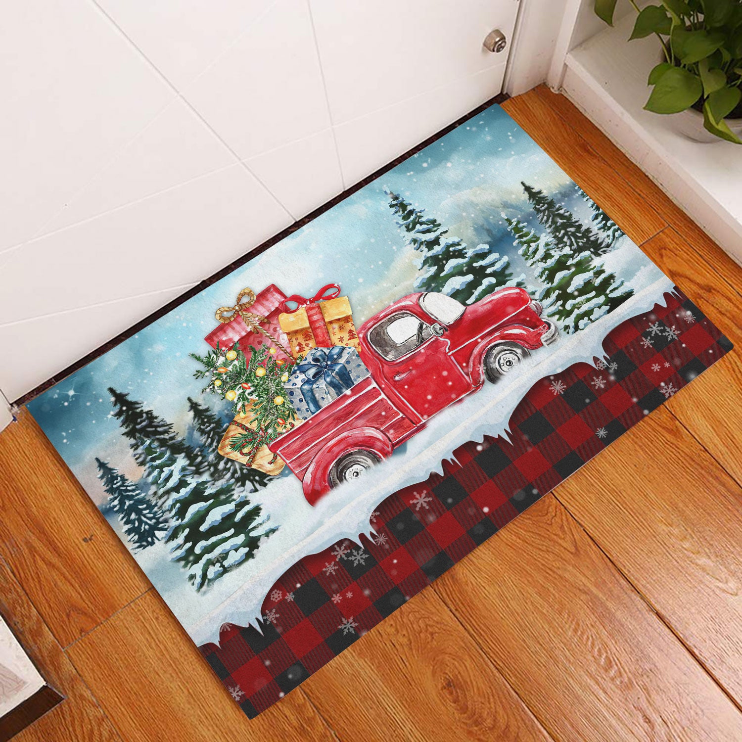 Ohaprints-Doormat-Outdoor-Indoor-Red-Truck-In-Snow-Red-Tartan-Pattern-Gift-For-Christmas-Rubber-Door-Mat-401-