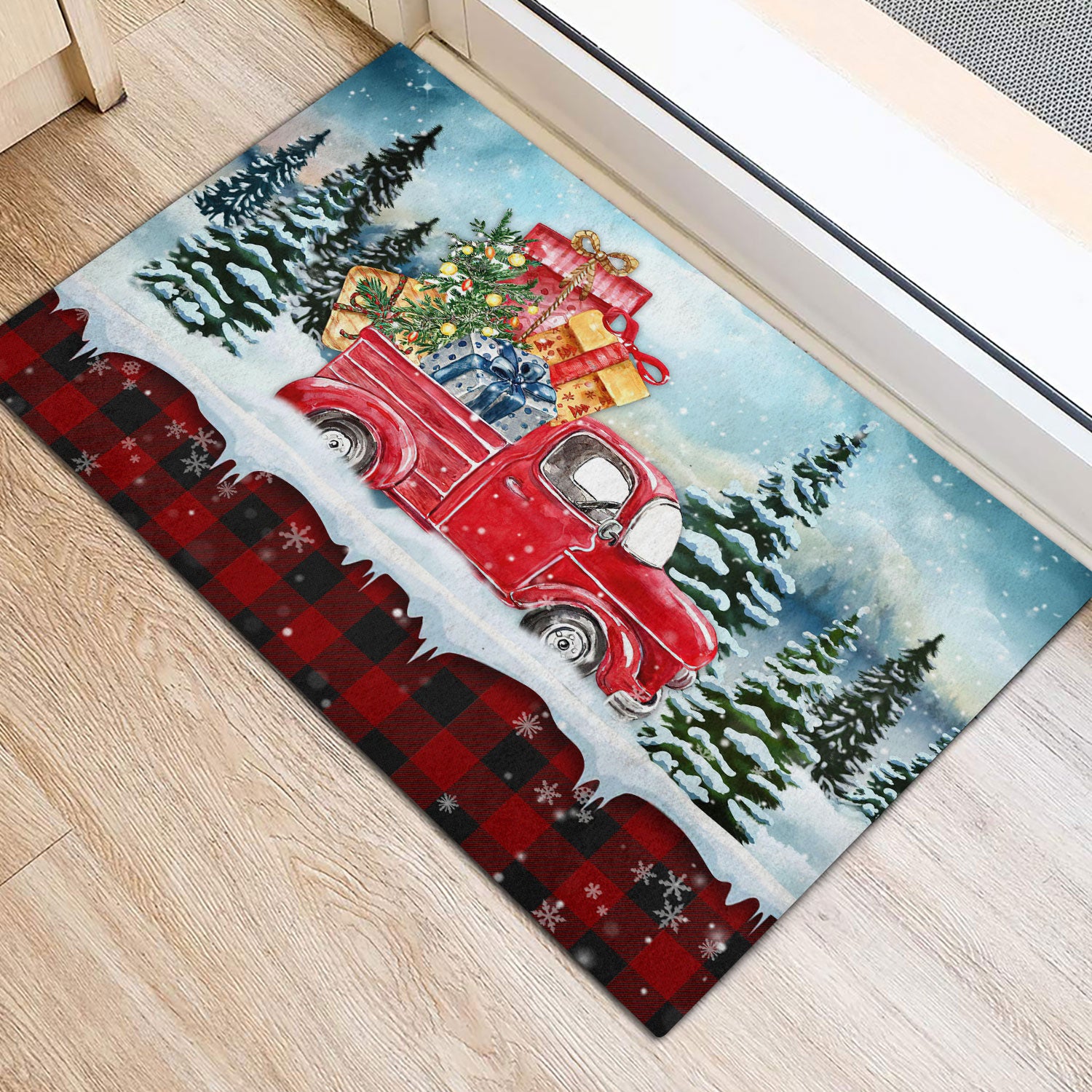 Ohaprints-Doormat-Outdoor-Indoor-Red-Truck-In-Snow-Red-Tartan-Pattern-Gift-For-Christmas-Rubber-Door-Mat-401-