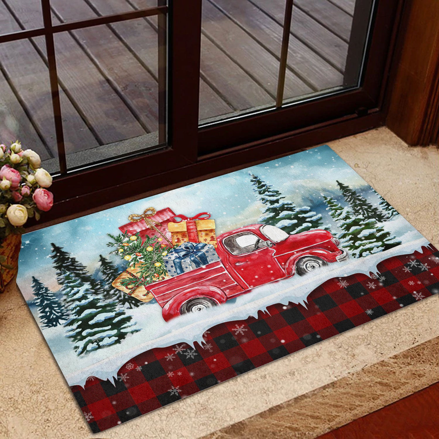 Ohaprints-Doormat-Outdoor-Indoor-Red-Truck-In-Snow-Red-Tartan-Pattern-Gift-For-Christmas-Rubber-Door-Mat-401-