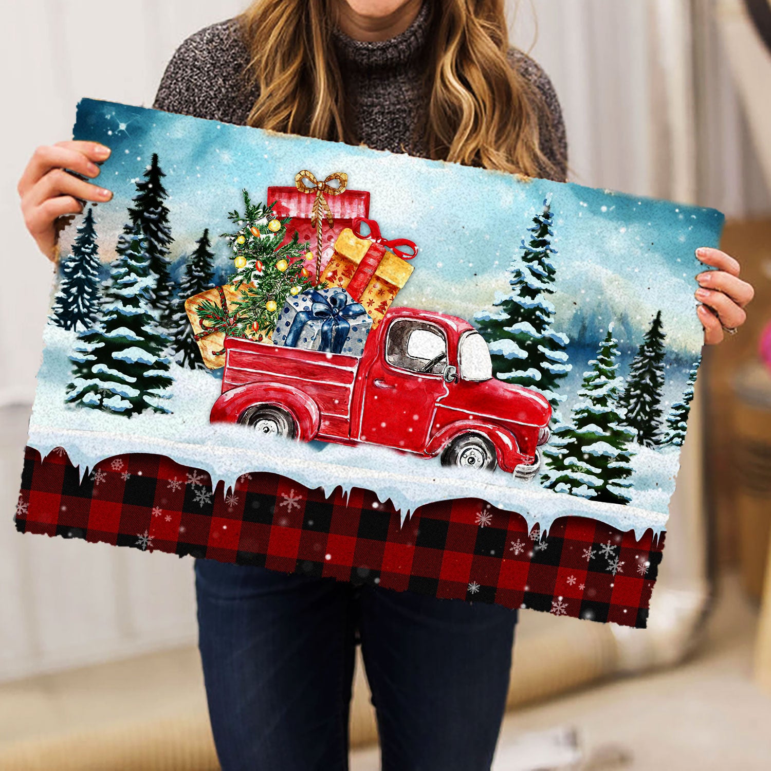 Ohaprints-Doormat-Outdoor-Indoor-Red-Truck-In-Snow-Red-Tartan-Pattern-Gift-For-Christmas-Rubber-Door-Mat-401-