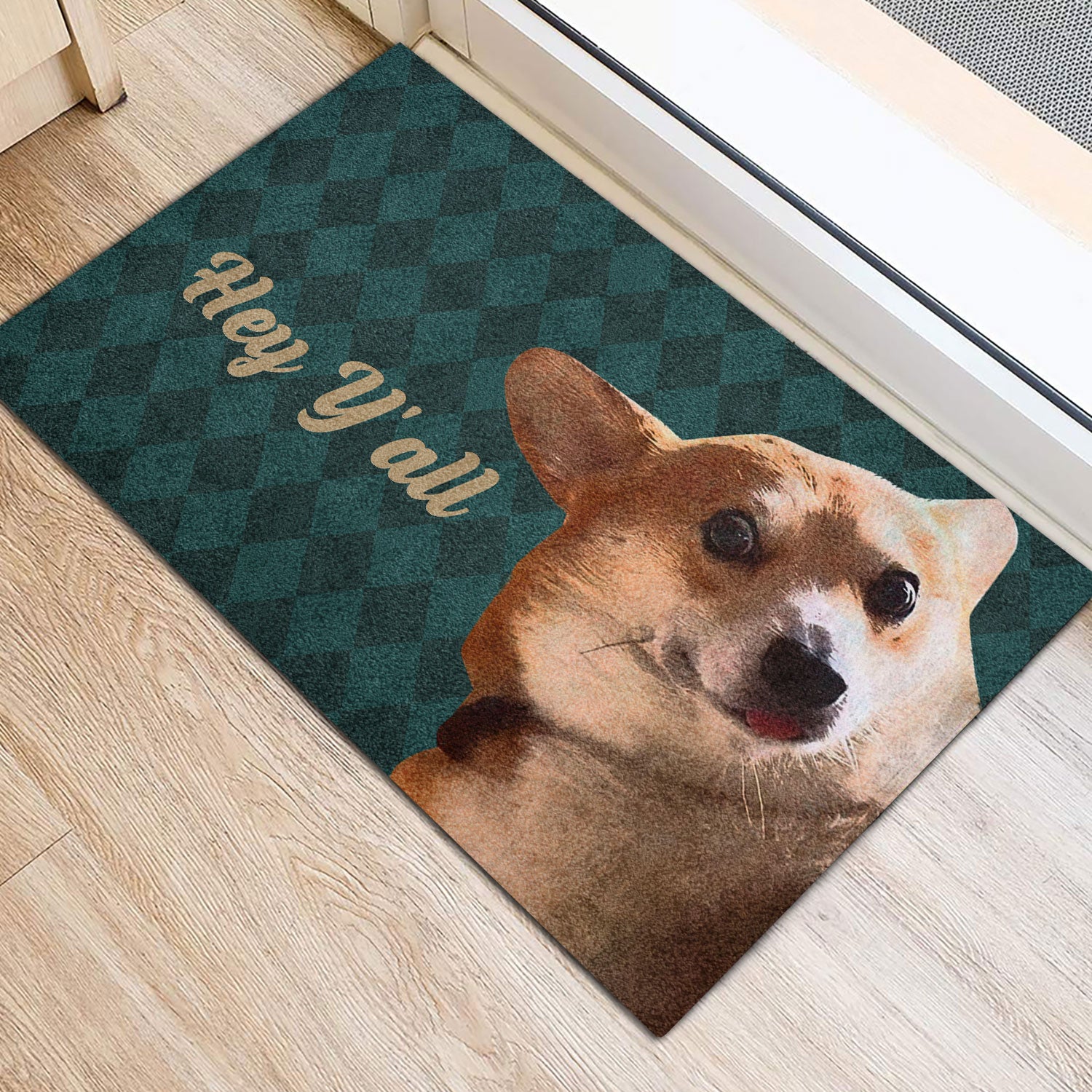 Ohaprints-Doormat-Outdoor-Indoor-Hey-Y'All-Funny-Corgi-Gift-For-Dog-Puppy-Lover-Viridian-Green-Rubber-Door-Mat-336-