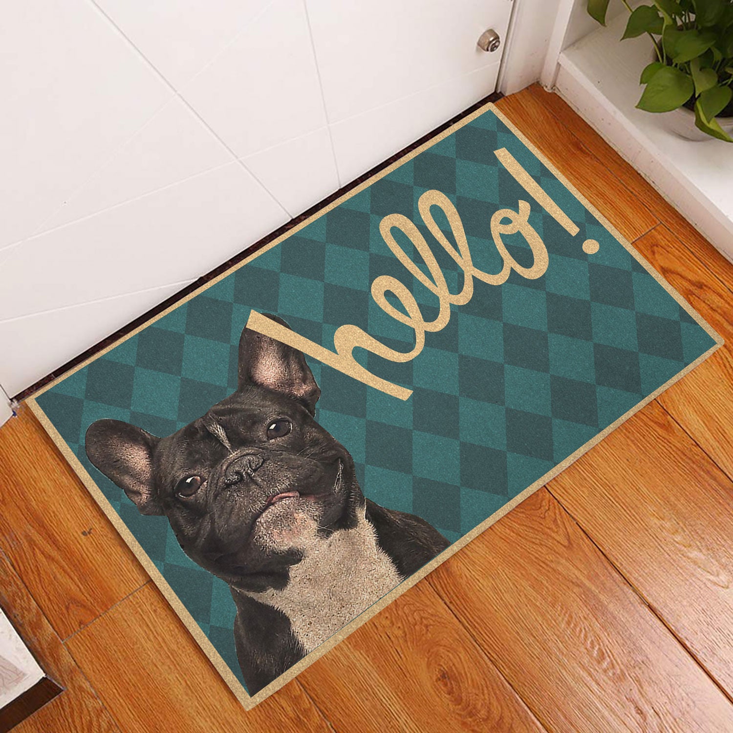 Ohaprints-Doormat-Outdoor-Indoor-Funny-French-Bulldog-Hello-Gift-For-Dog-Lover-Viridian-Green-Rubber-Door-Mat-343-