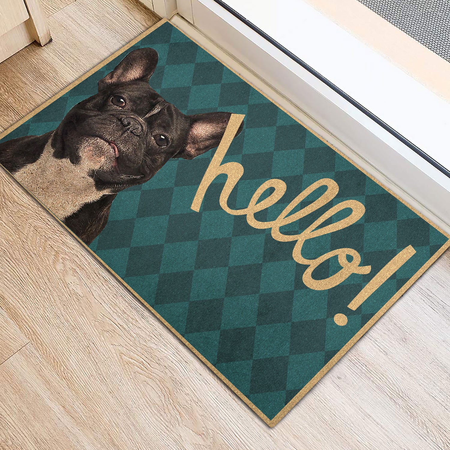 Ohaprints-Doormat-Outdoor-Indoor-Funny-French-Bulldog-Hello-Gift-For-Dog-Lover-Viridian-Green-Rubber-Door-Mat-343-