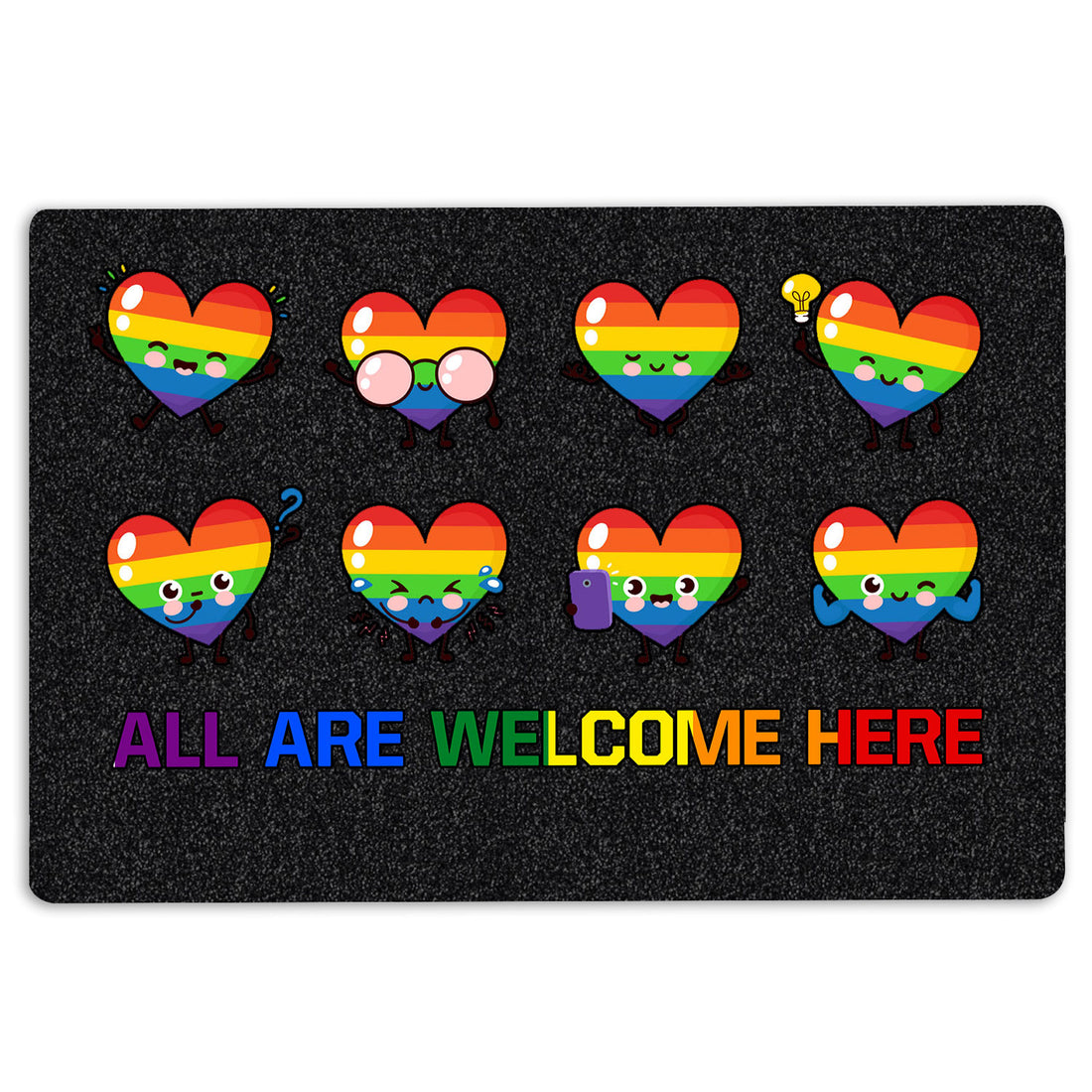 Ohaprints-Doormat-Outdoor-Indoor-Lgbt-Lgbtq-Rainbow-Heart-All-Are-Welcome-Here-Pride-Love-Is-Love-Rubber-Door-Mat-1239-18'' x 30''