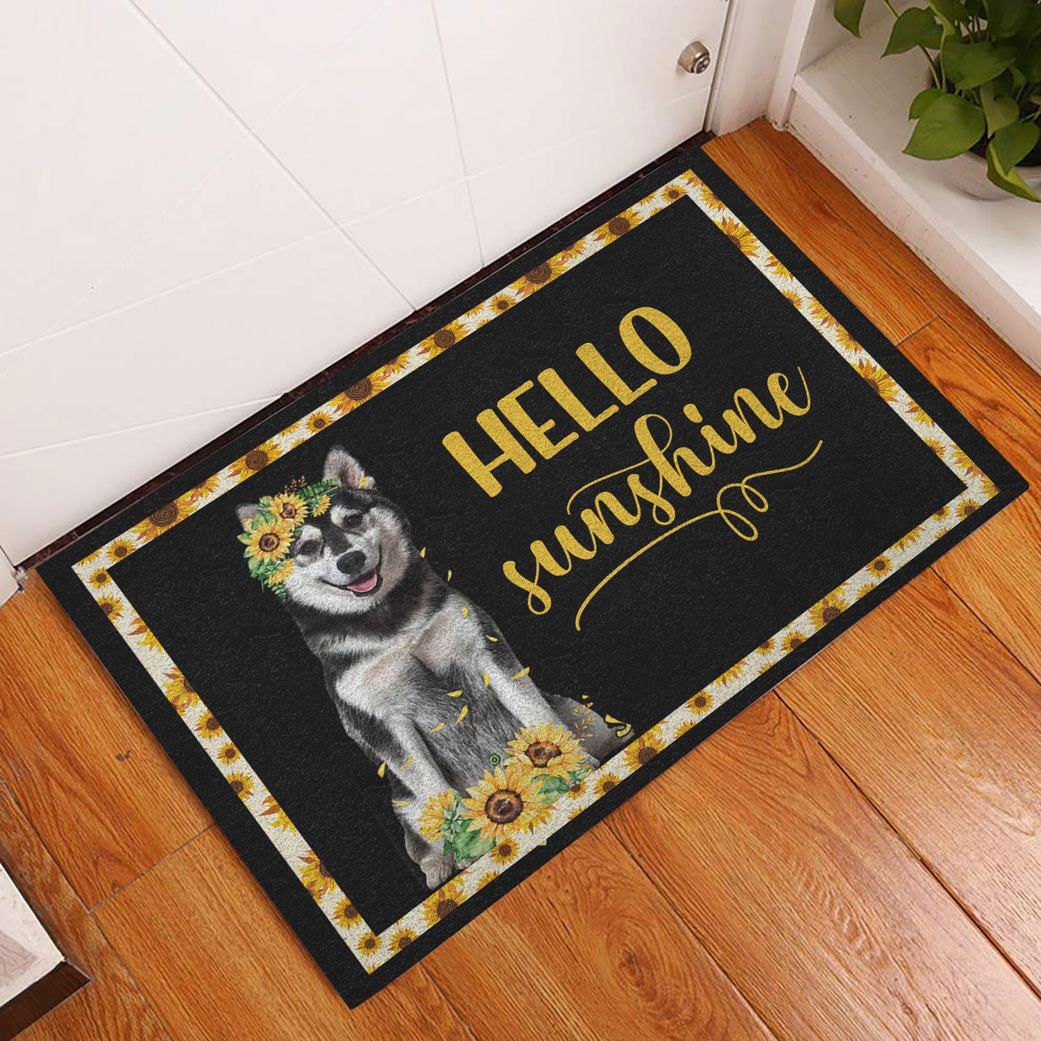 Ohaprints-Doormat-Outdoor-Indoor-Husky-Sibir-Hello-Sunflower-Floral-For-Dog-Lover-Black-Rubber-Door-Mat-563-