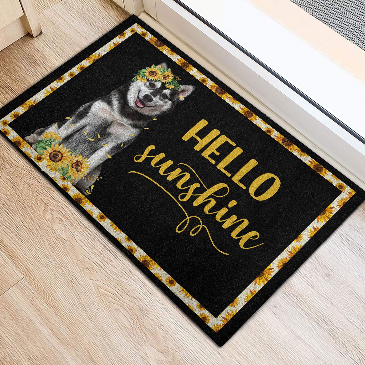 Ohaprints-Doormat-Outdoor-Indoor-Husky-Sibir-Hello-Sunflower-Floral-For-Dog-Lover-Black-Rubber-Door-Mat-563-