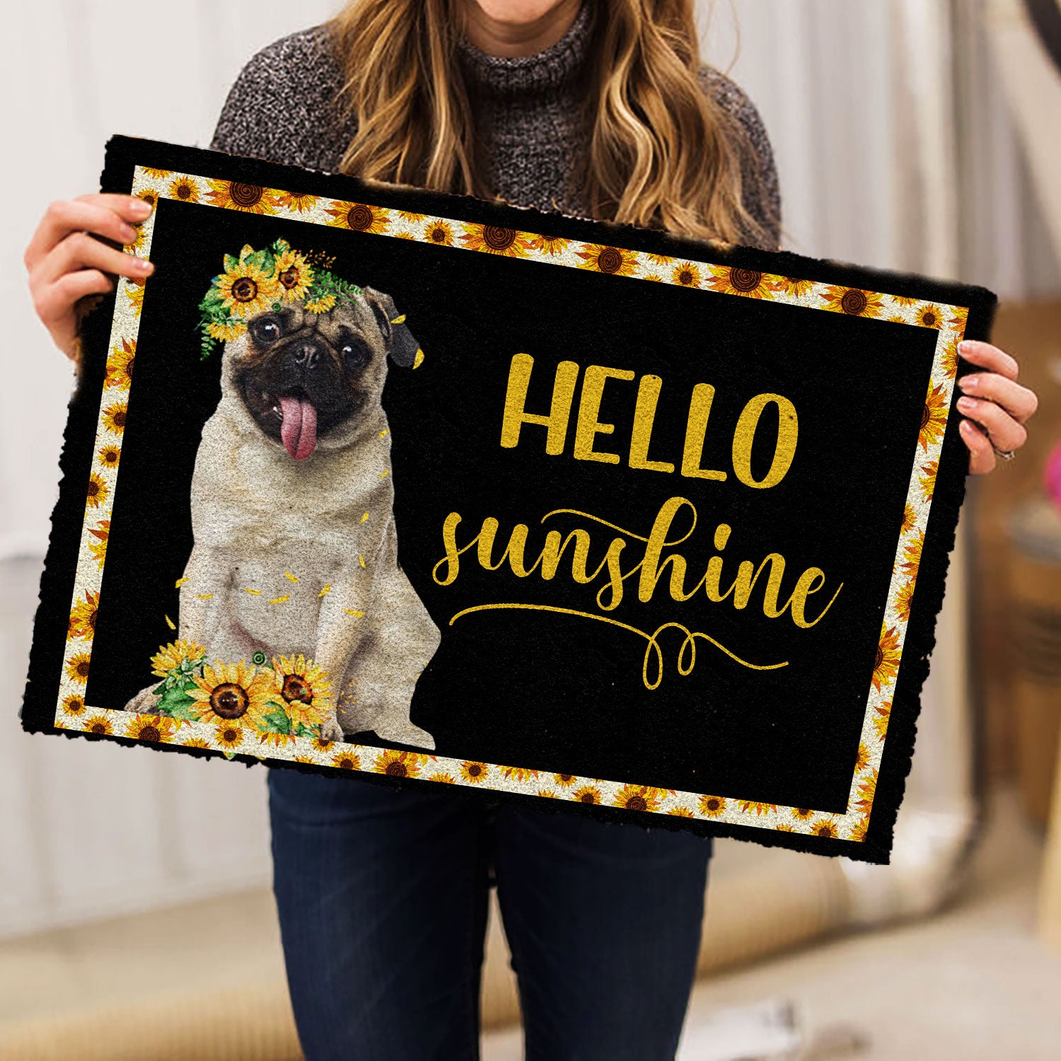 Ohaprints-Doormat-Outdoor-Indoor-Pug-Hello-Sunflower-Floral-For-Dog-Puppy-Lover-Black-Rubber-Door-Mat-565-