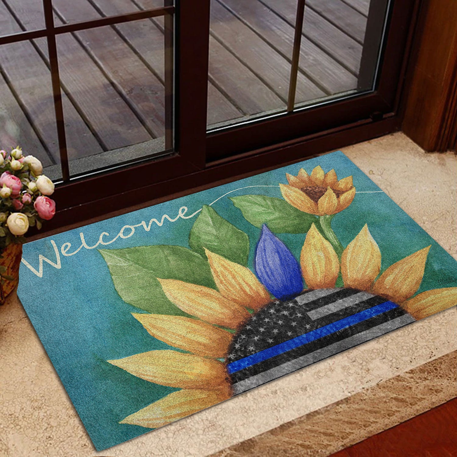 Ohaprints-Doormat-Outdoor-Indoor-Police-Sunflower-Thin-Blue-Line-Back-The-Blue-Welcome-Rubber-Door-Mat-569-