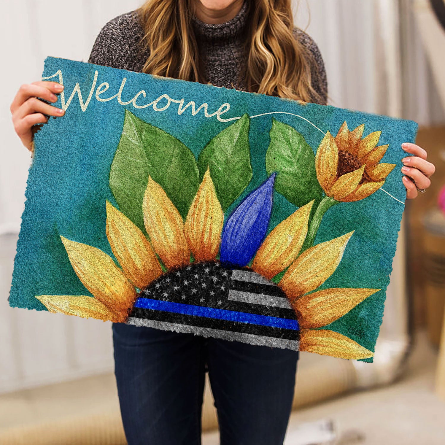 Ohaprints-Doormat-Outdoor-Indoor-Police-Sunflower-Thin-Blue-Line-Back-The-Blue-Welcome-Rubber-Door-Mat-569-