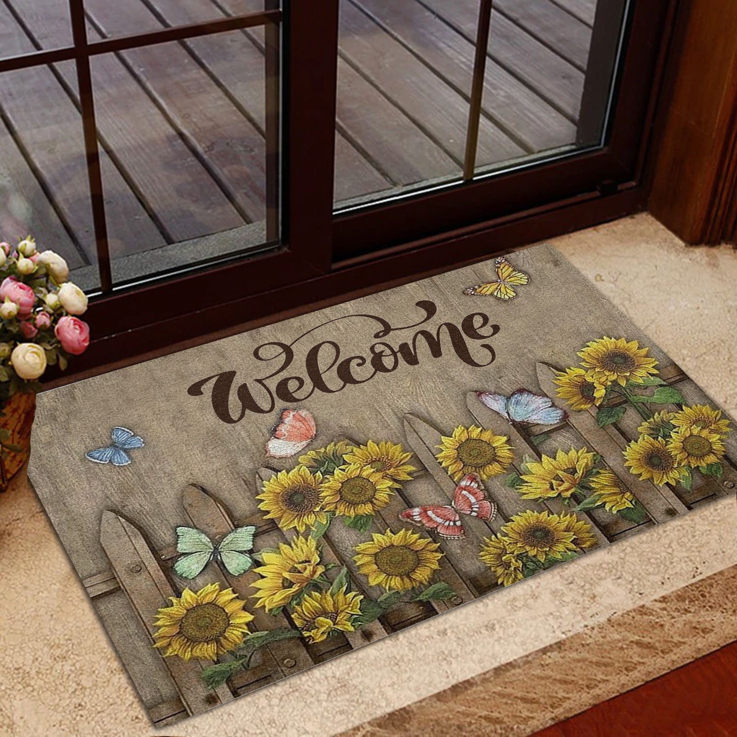 Ohaprints-Doormat-Outdoor-Indoor-Butterfly-Sunflower-Garden-Floral-Welcome-Farm-House-Light-Brown-Rubber-Door-Mat-571-