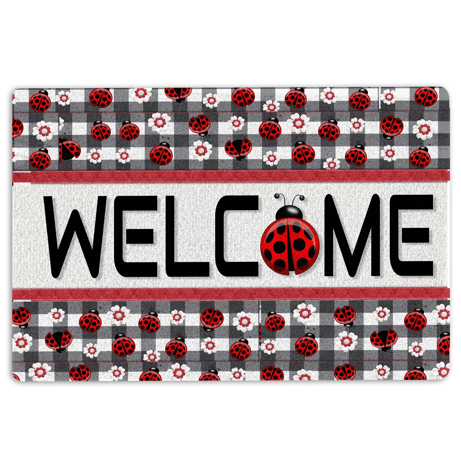 Ohaprints-Doormat-Outdoor-Indoor-Ladybugs-Garden-Welcome-Happy-Spring-Black--White-Tartan-Rubber-Door-Mat-1538-18'' x 30''