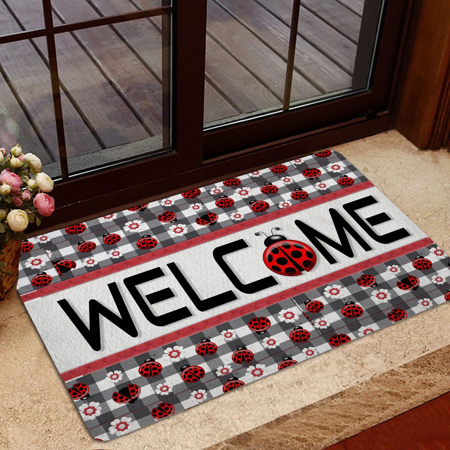 Ohaprints-Doormat-Outdoor-Indoor-Ladybugs-Garden-Welcome-Happy-Spring-Black--White-Tartan-Rubber-Door-Mat-1538-