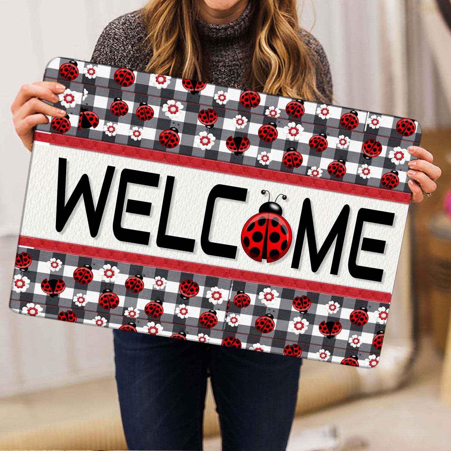 Ohaprints-Doormat-Outdoor-Indoor-Ladybugs-Garden-Welcome-Happy-Spring-Black--White-Tartan-Rubber-Door-Mat-1538-