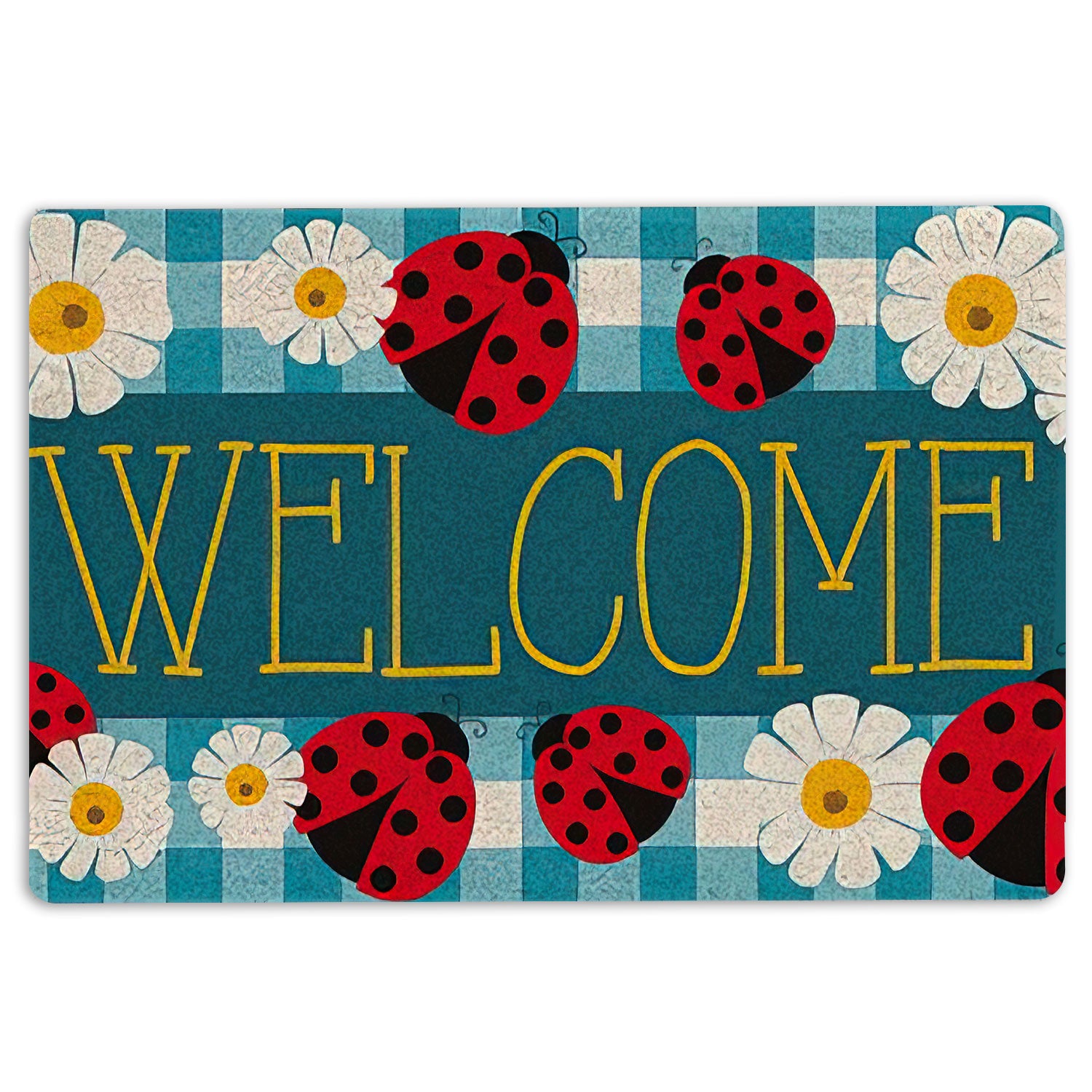 Ohaprints-Doormat-Outdoor-Indoor-Ladybugs-Daisy-Garden-Welcome-Happy-Spring-Black--White-Tartan-Rubber-Door-Mat-1539-18'' x 30''