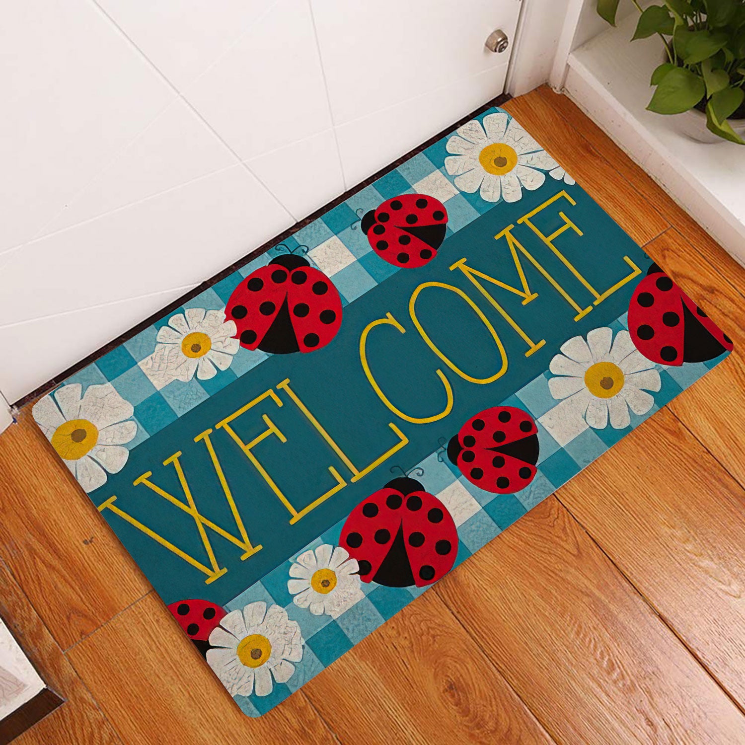 Ohaprints-Doormat-Outdoor-Indoor-Ladybugs-Daisy-Garden-Welcome-Happy-Spring-Black--White-Tartan-Rubber-Door-Mat-1539-