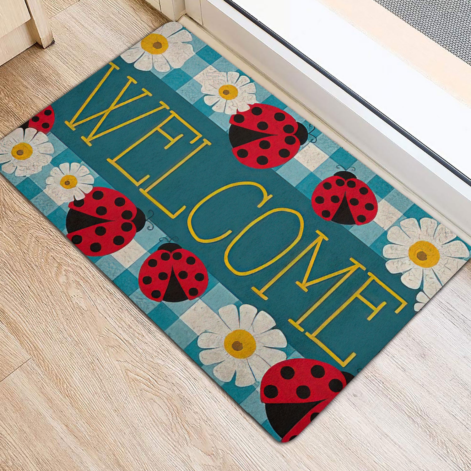 Ohaprints-Doormat-Outdoor-Indoor-Ladybugs-Daisy-Garden-Welcome-Happy-Spring-Black--White-Tartan-Rubber-Door-Mat-1539-