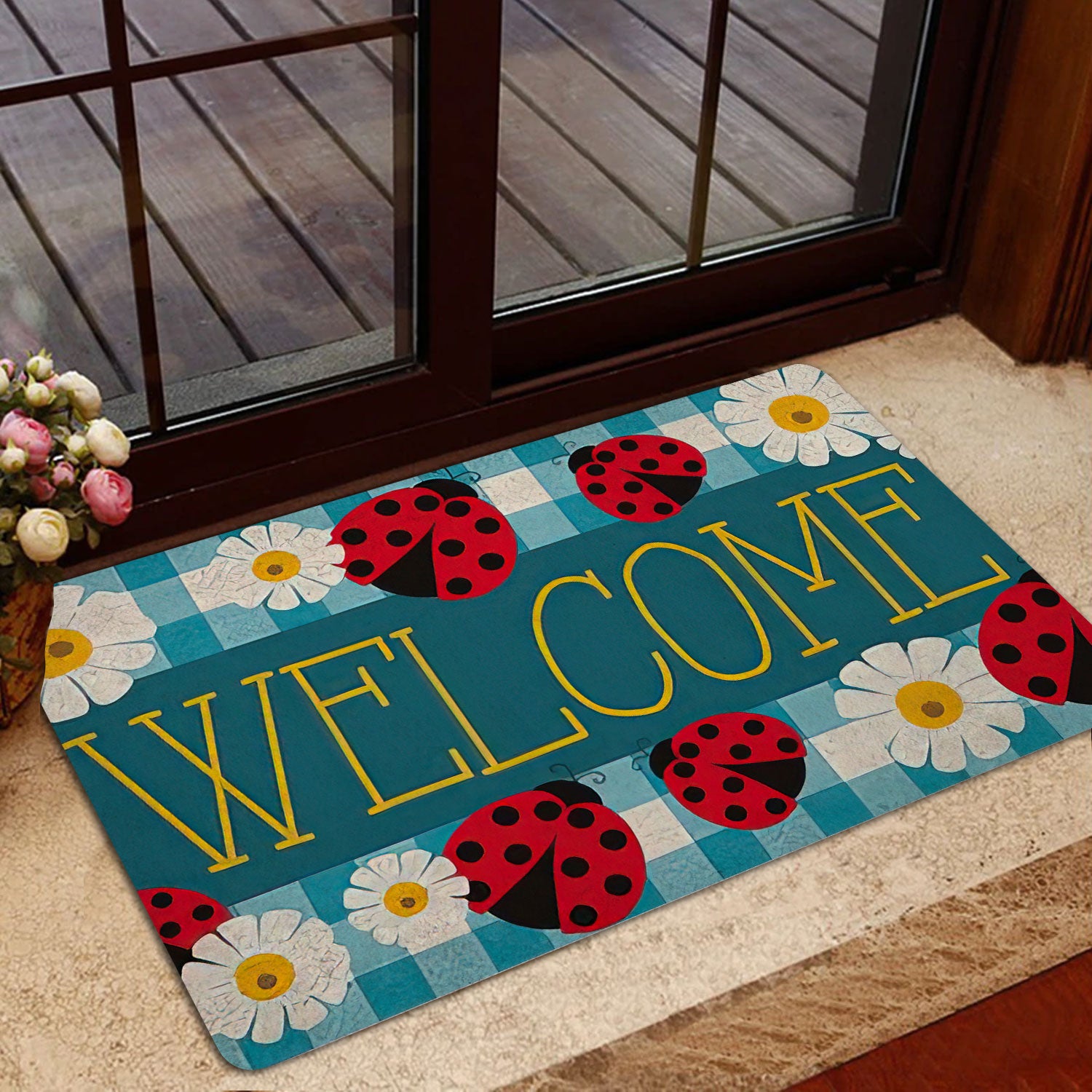 Ohaprints-Doormat-Outdoor-Indoor-Ladybugs-Daisy-Garden-Welcome-Happy-Spring-Black--White-Tartan-Rubber-Door-Mat-1539-