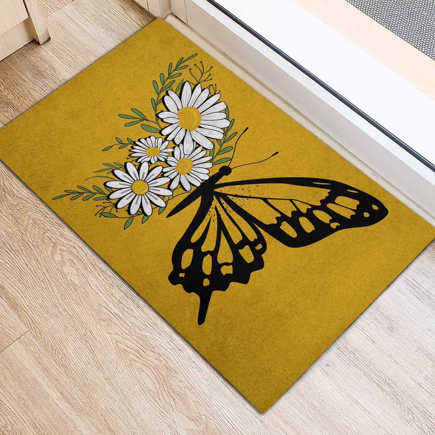 Ohaprints-Doormat-Outdoor-Indoor-Butterfly-White-Daisy-Butterflies-Flower-Floral-Light-Brown-Rubber-Door-Mat-641-