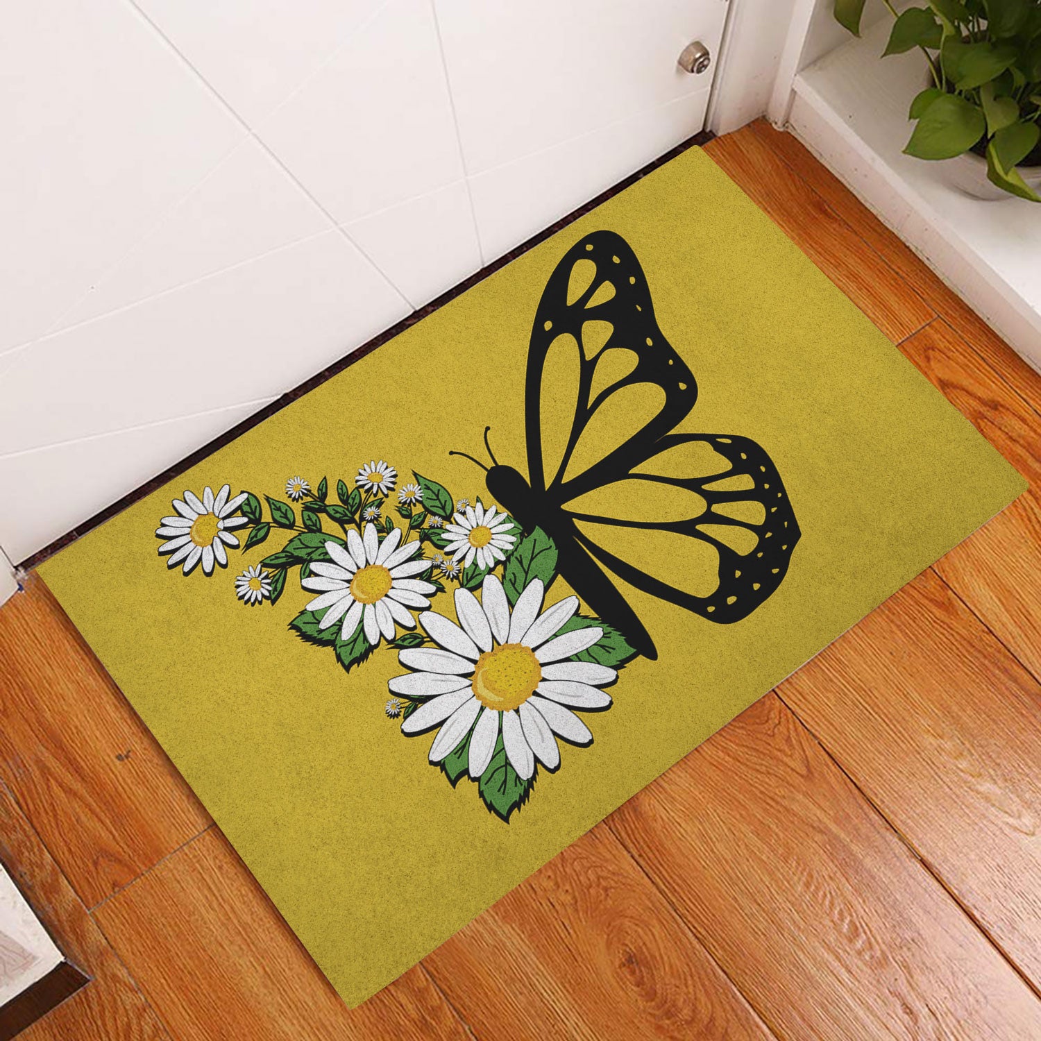 Ohaprints-Doormat-Outdoor-Indoor-Butterflies-White-Daisy-Butterfly-Flower-Floral-Light-Brown-Rubber-Door-Mat-642-